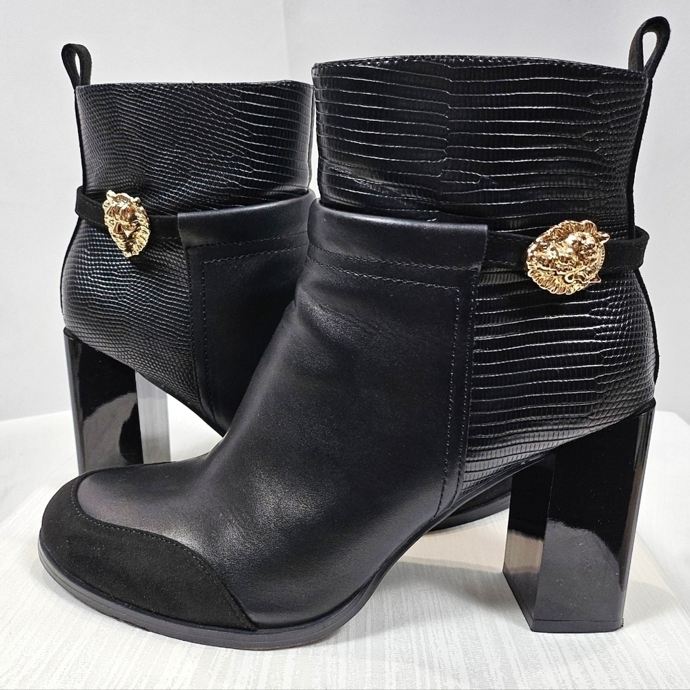 River Island Black Faux Leather Ankle Boots Gold Hardware Size 9 - Picture 2 of 16